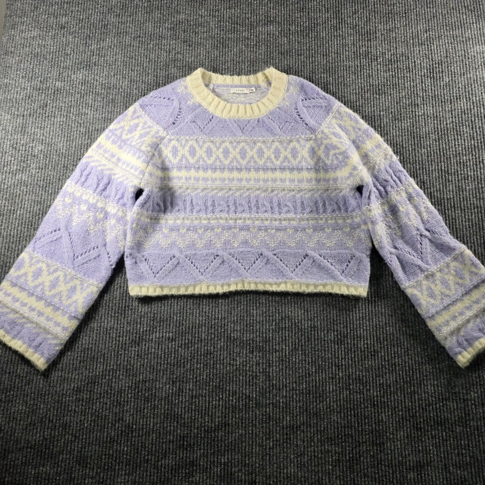 Lush Purple Fair Isle Knit Cropped Sweater Womens Medium Lavender Pointelle Crew
